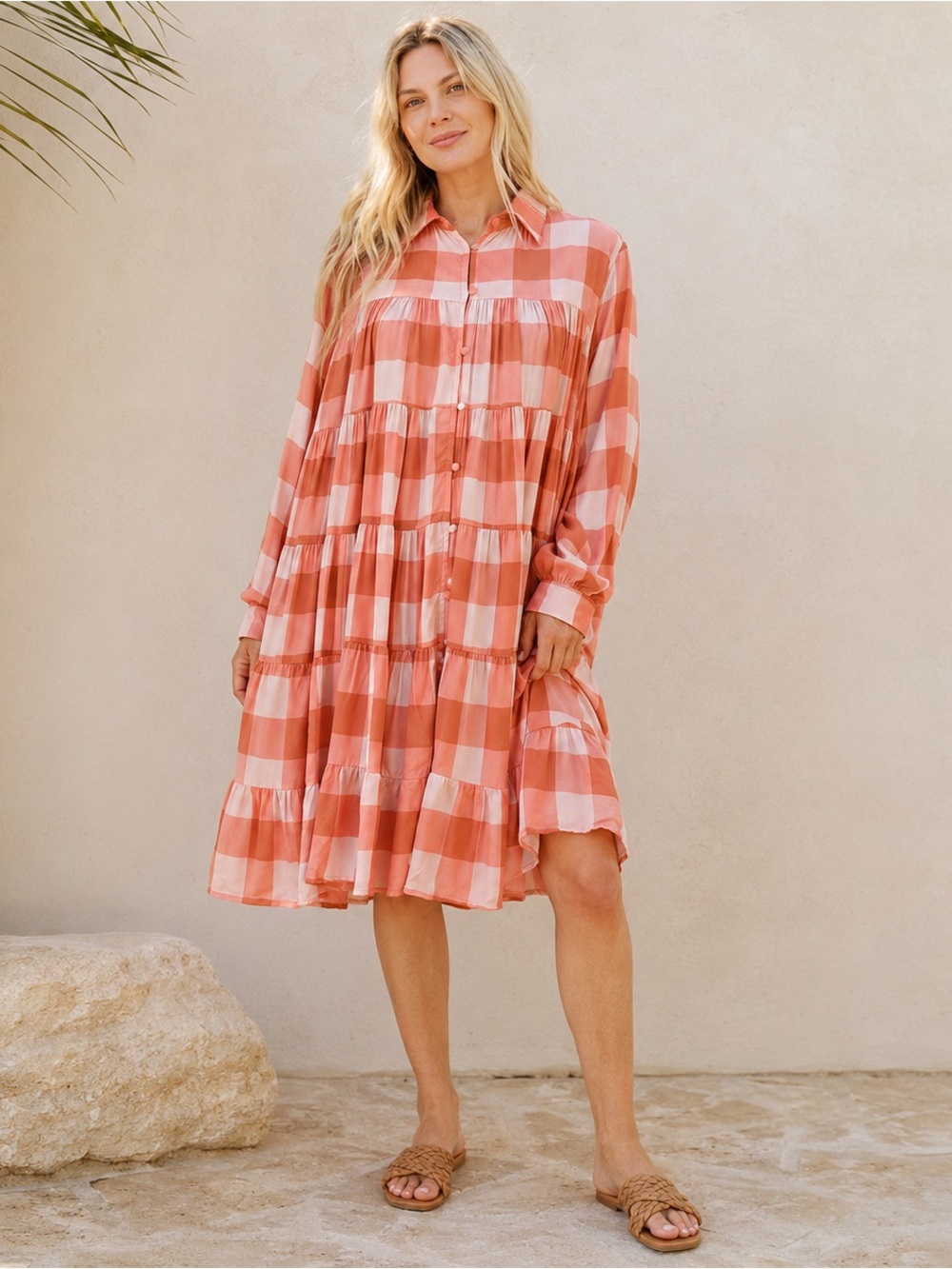 NWT Sundress Kelly Short Shirt Dress XL/XXL Coral Gingham Tiered Designed France